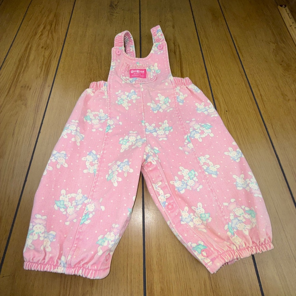 Vintage OshKosh Bgosh Pink Bunny Print Overalls Made in USA 18M Vestbak Denim